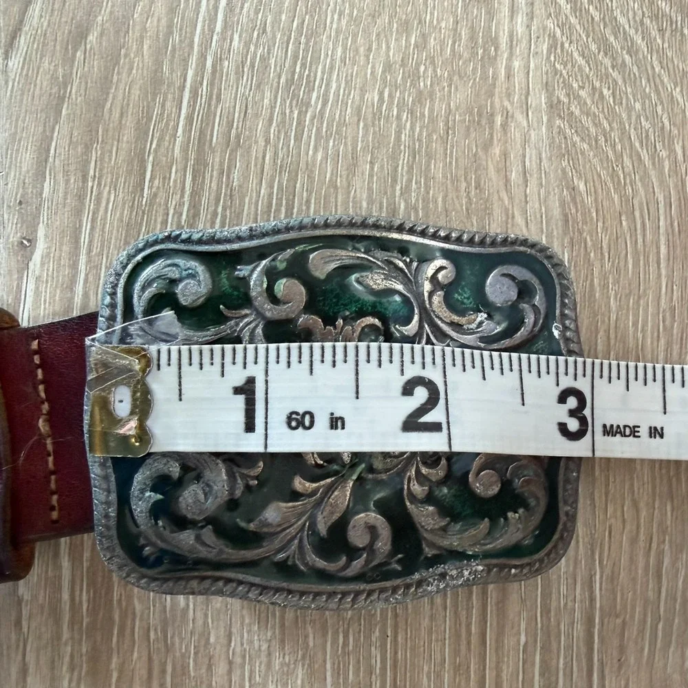 Vintage Women's Size M GAP Brown Leather Belt Floral Enamel Buckle Green Italy